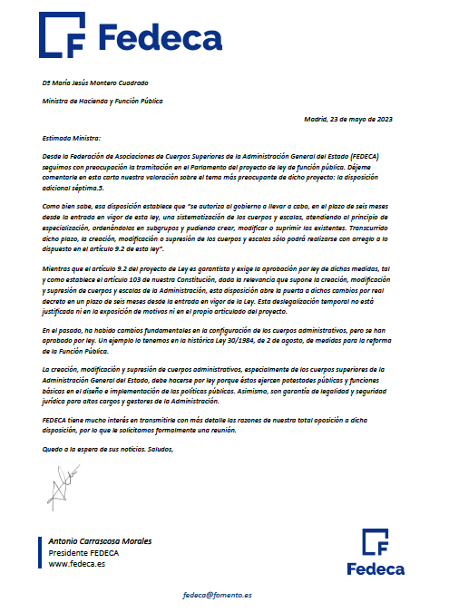 Carta de FEDECA a la Ministra de Hacienda y Función Pública